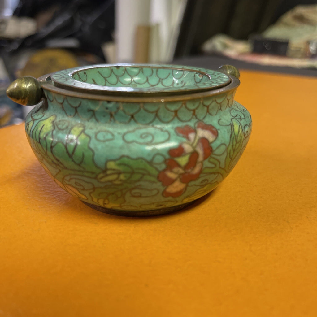 VTG CHINESE CLOISONNE ENAMEL BRASS FLOWERS FLIP TOP LID INCENSE BURNER ASHTRAY3