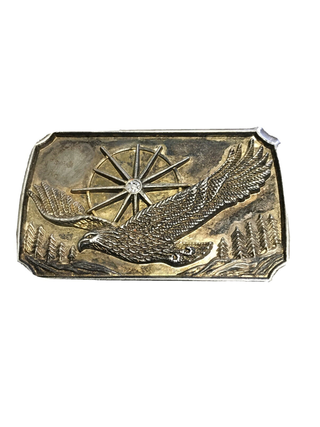 Vintage Original Metal Belt Buckle "Eagle and Jeweled Sun above Trees"0