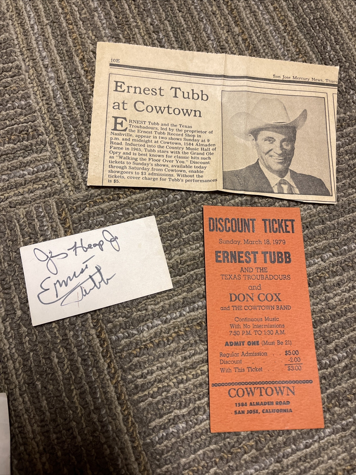 ERNEST TUBB (1921-1991) signed Business Card Cowtown San Jose Ca 19790