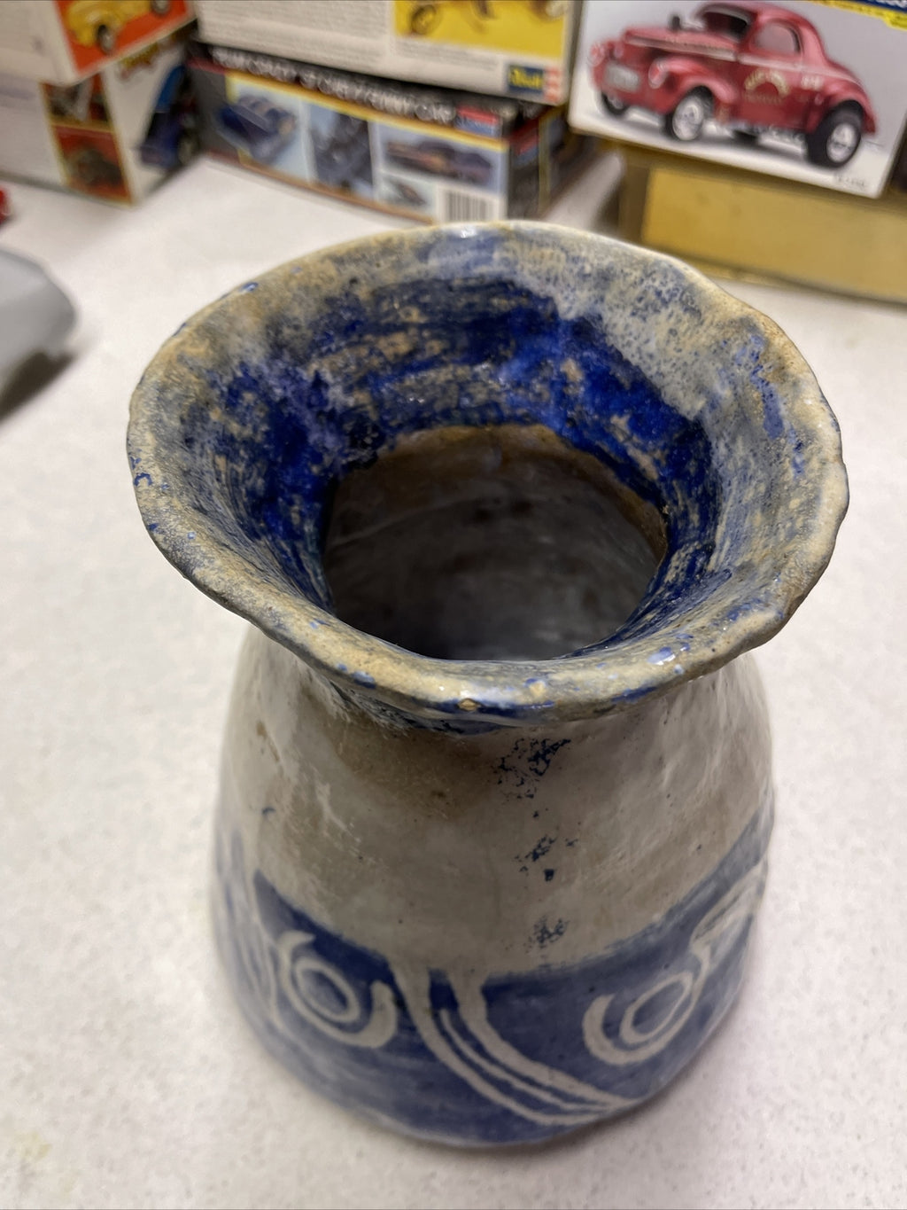 Vintage Laura Ferlavto stoneware Vase Pot pottery cobalt Earthenware Signed3