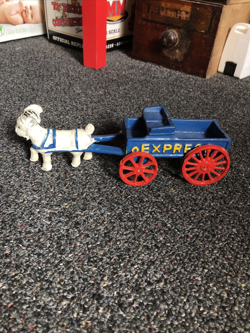 Vintage Toy Cast Iron Express Wagon Cart Pulled By A Goat0