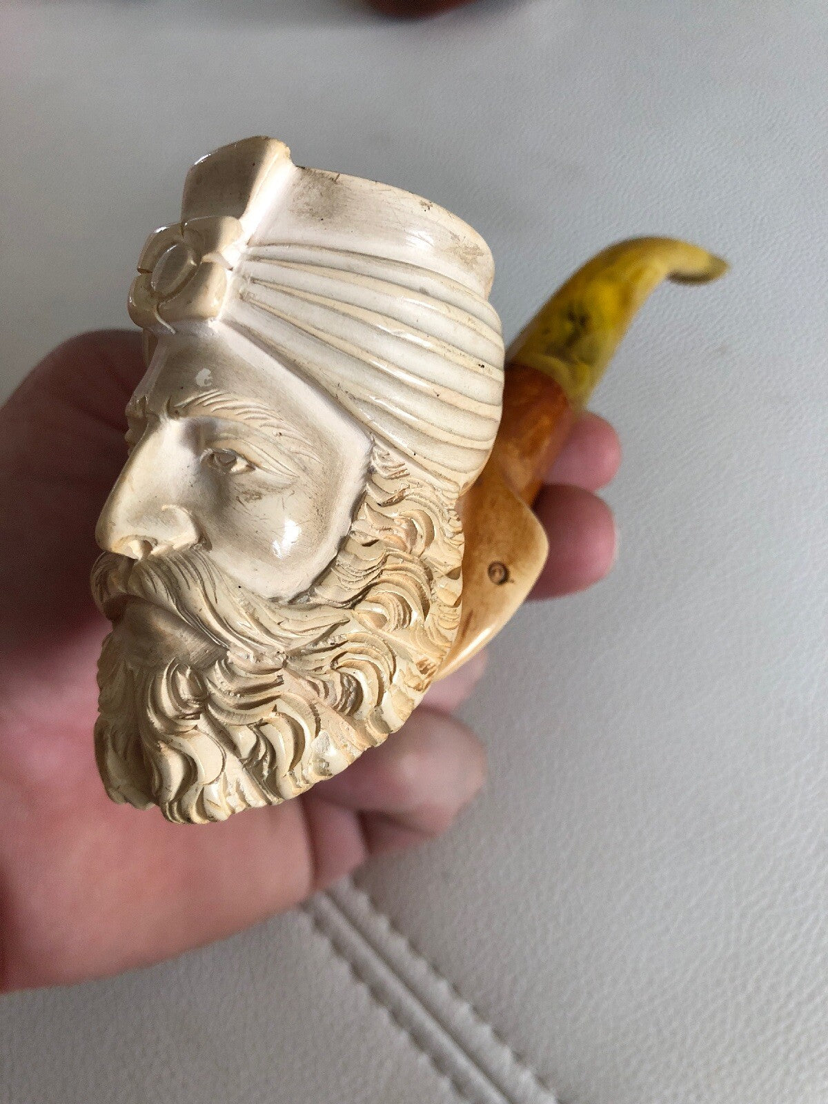 Antique Carved Figural Sultan Meerschaum Pipe High Detail Egg Yolk Stem1