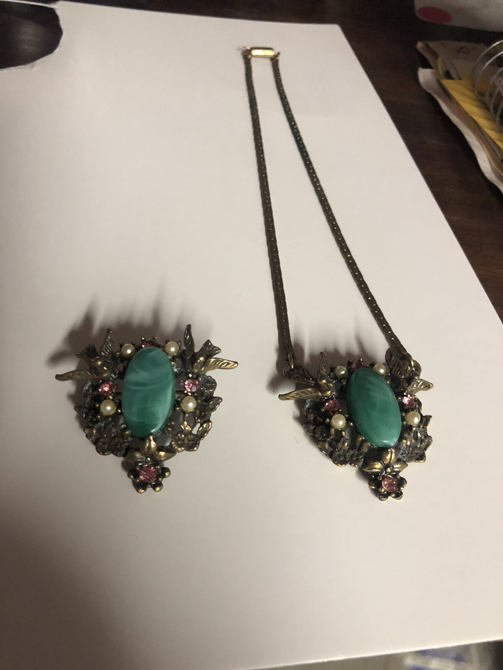 Antique Dove WingsFaceted Rhinestone Brooch Pin And Pendant Necklace Lot0