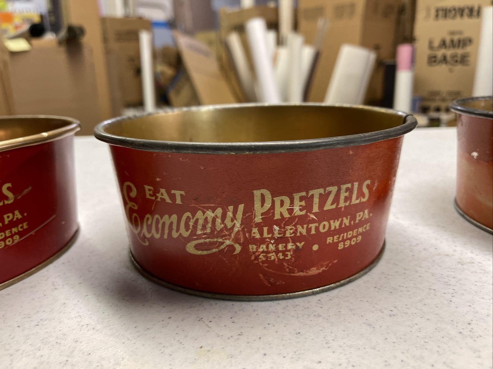 Vintage Advertising Tin Economy Pretzel Bowl Lot Of 3 1940s Allentown PA  7” Dia9