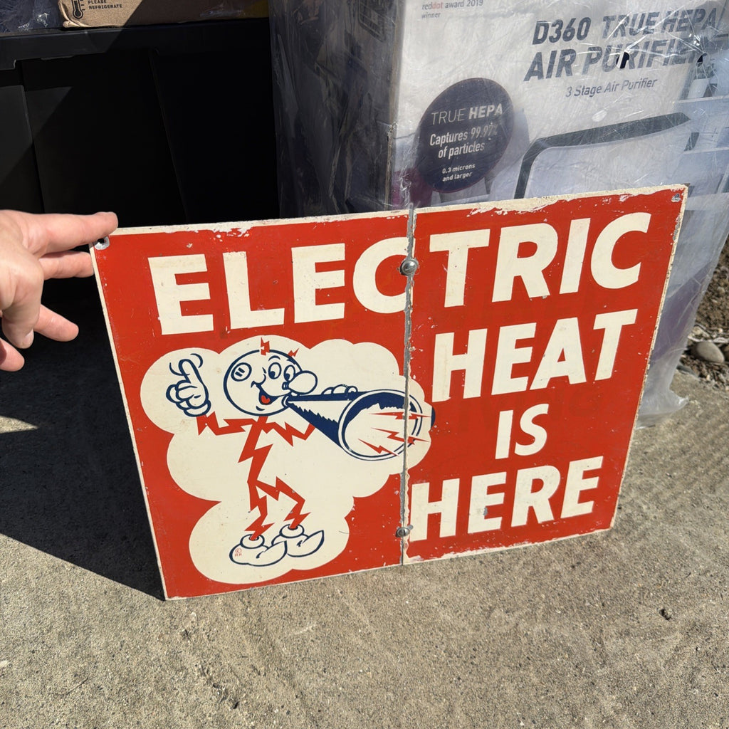 Original 1950-60s Reddy Kilowatt Electric Heat Is Here Company Sign 20” X 16”1