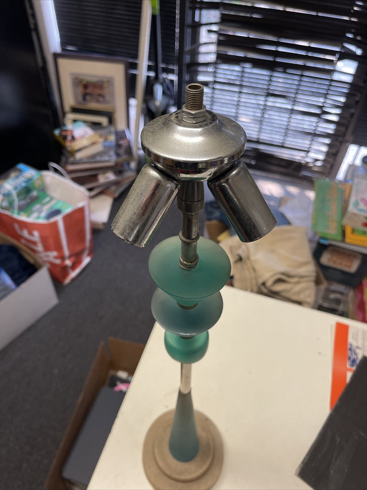 True Vtg MCM Atomic Chrome Blue Celluloid Skyscraper Lamp 3 Bulb Articulated0