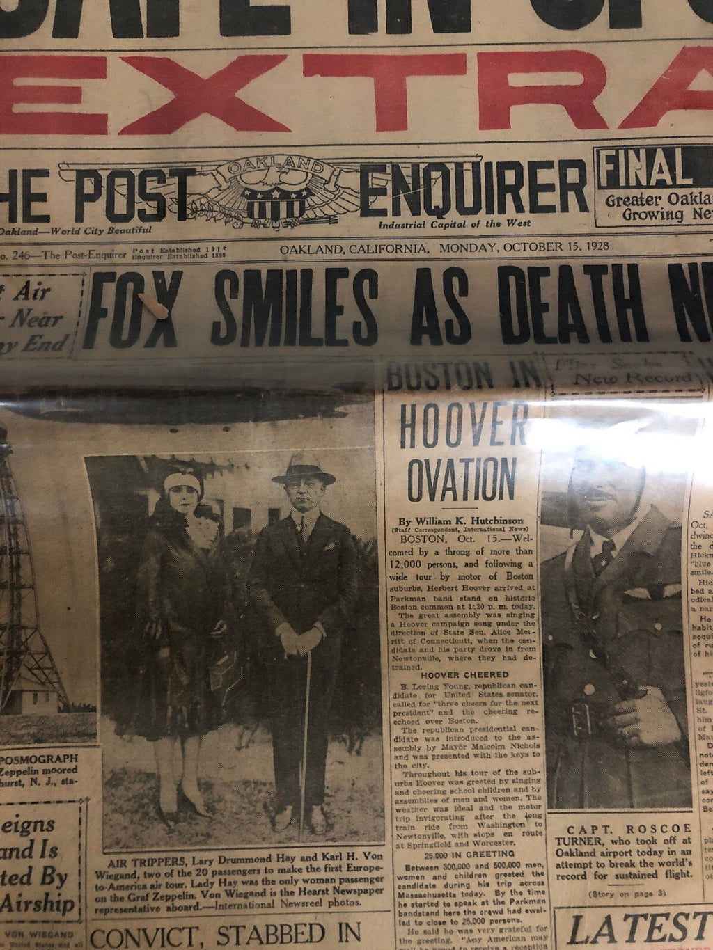 Vintage The Post Enquirer Newspaper 1928 Edition Zeppelin Lands Rare!1