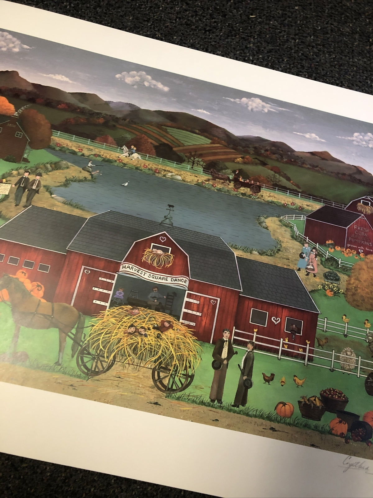 Cynthia Bogart “Harvest Square” hand signed print folk art 28.5”x21”3
