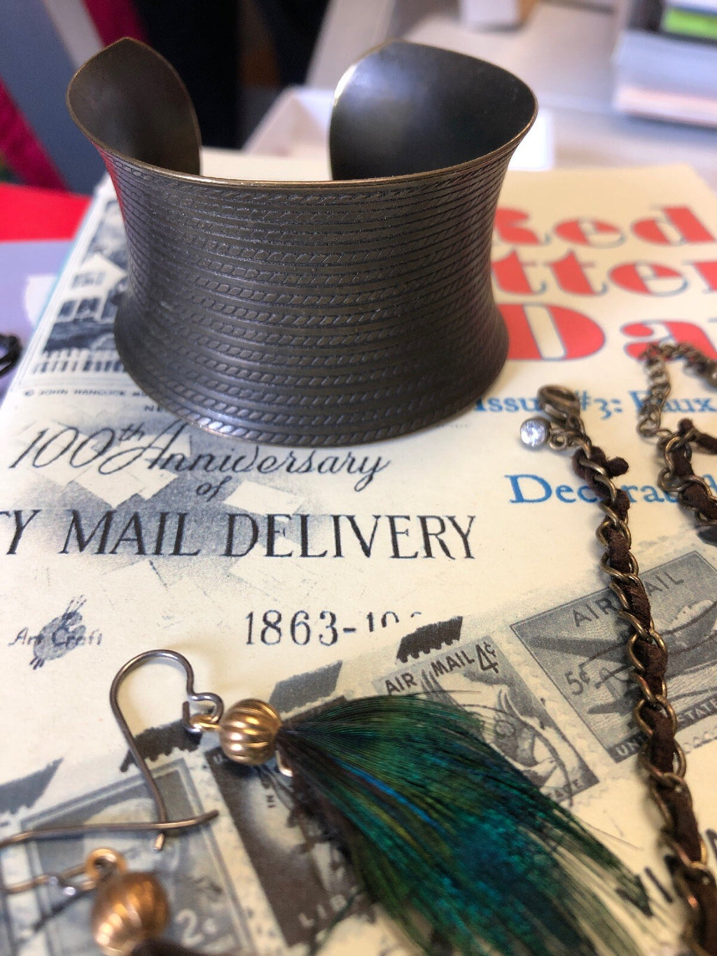bronze Cuff Bracelet, Leather Choker, And Peacock Earring3