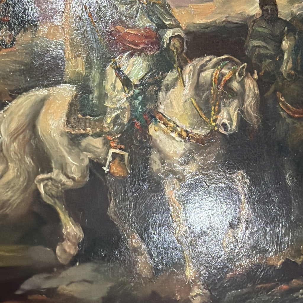 OLD ANTIQUE Ottoman ARAB LANDSCAPE OIL PAINTING Horse MAN MUSLIM Warrior Caravan3