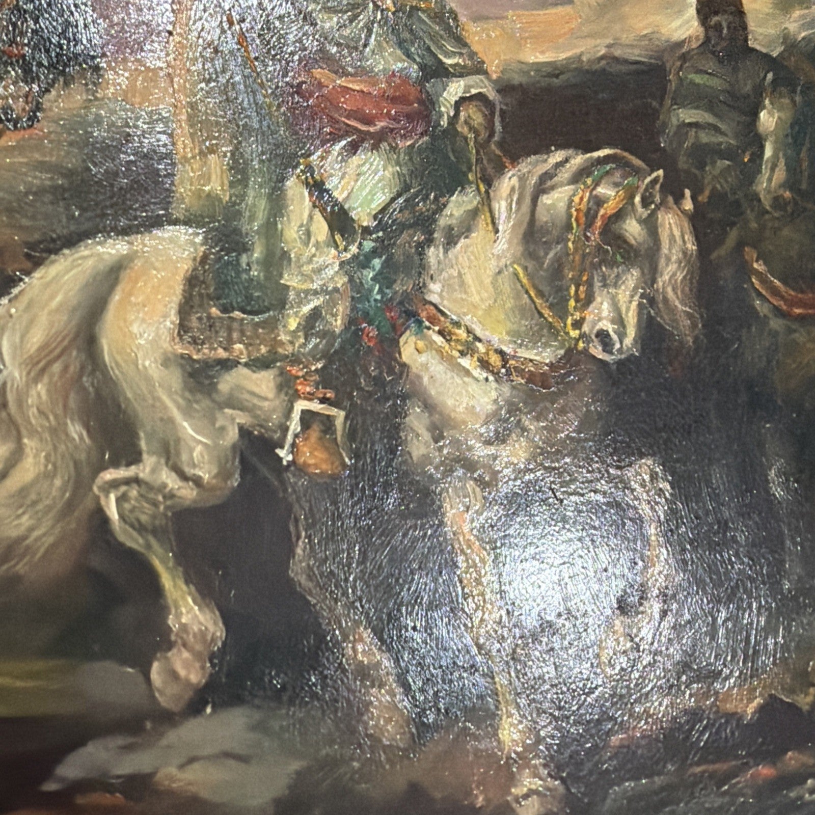 OLD ANTIQUE Ottoman ARAB LANDSCAPE OIL PAINTING Horse MAN MUSLIM Warrior Caravan3