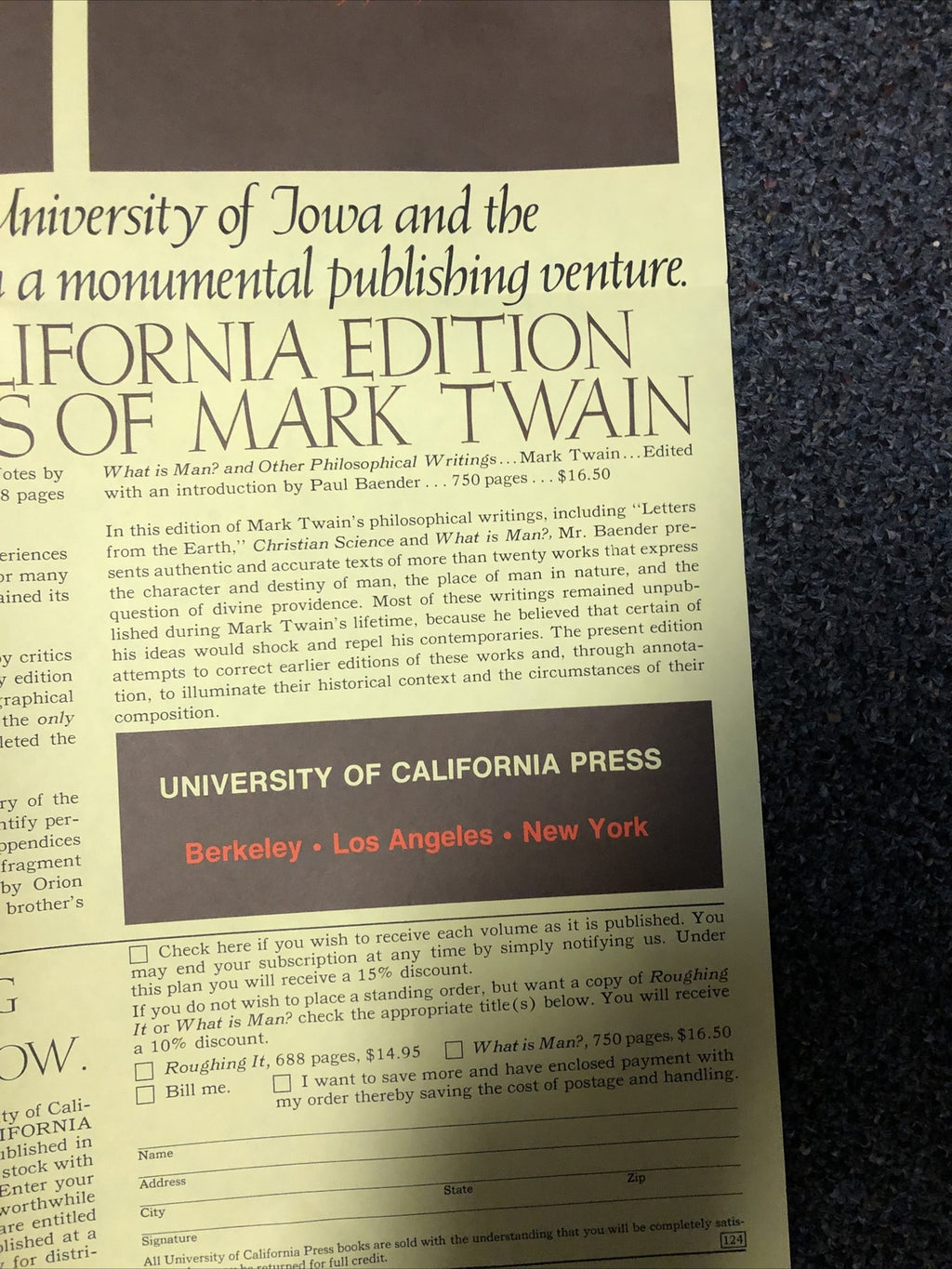 Rare Poster MARK TWAIN Iowa-California Publishing 1973 Berkeley Los Angeles NY6