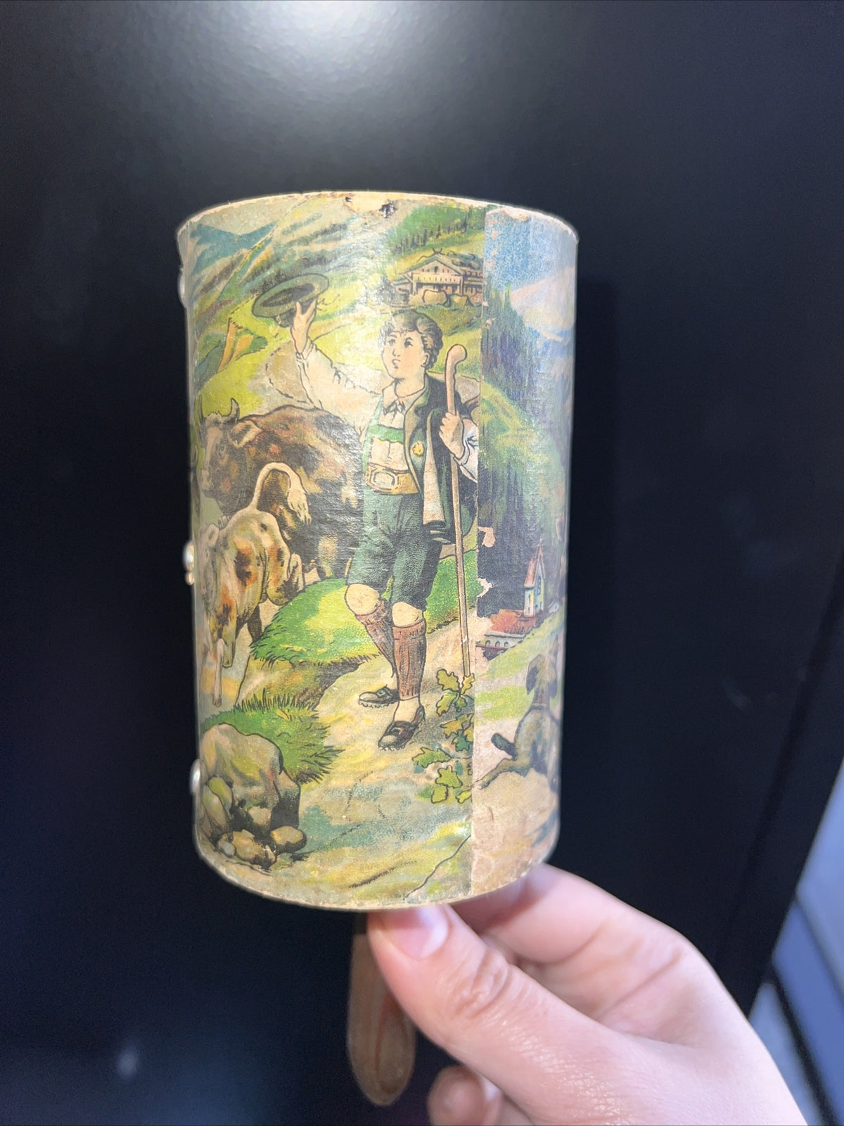 HTF Antique Celluloid Cylinder Handled Baby Rattle - Germany Scenery1