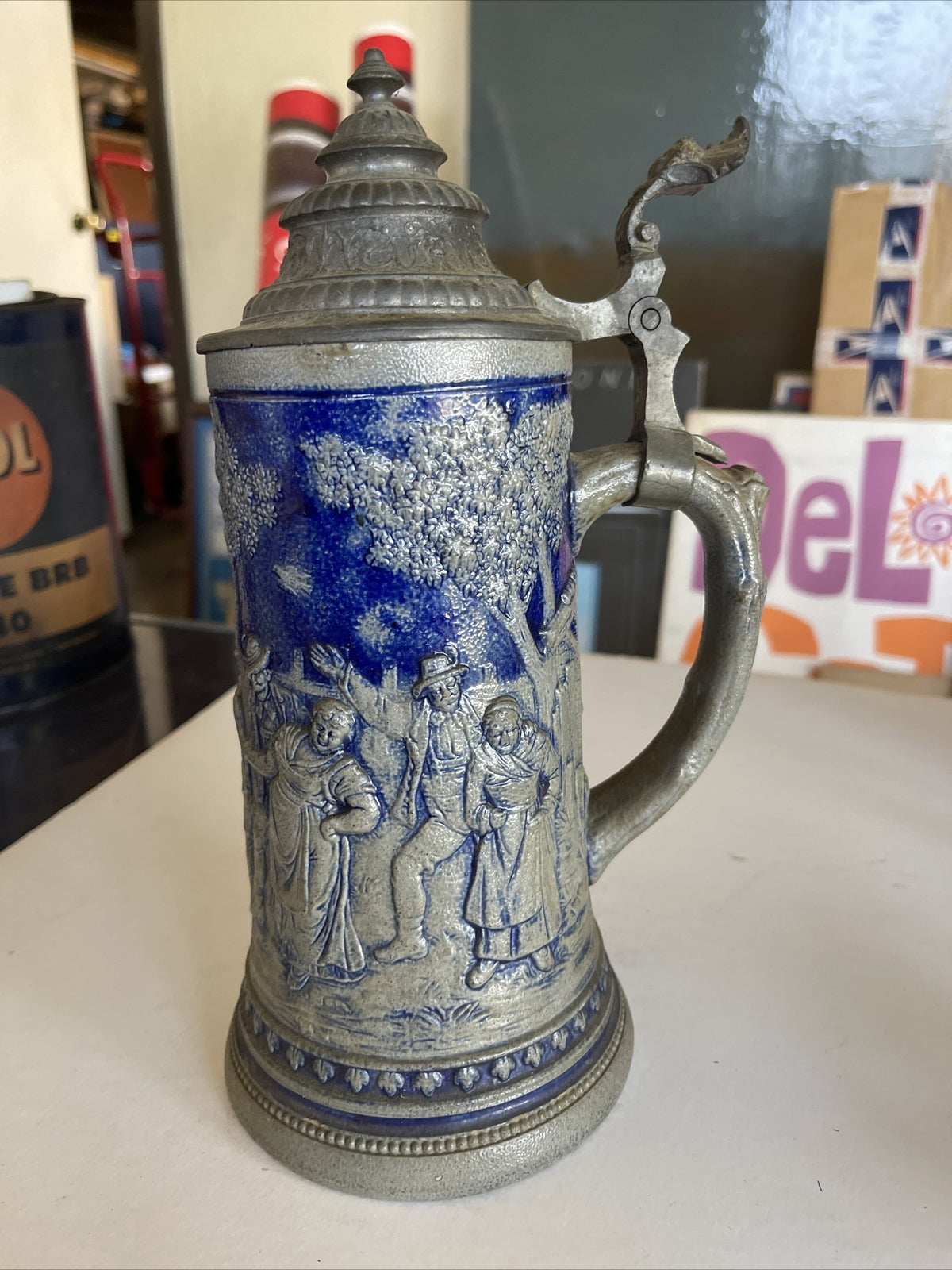 Large Antique Salt-Glazed 1L German Beer Stein Mug #1084 Cobalt Mug3
