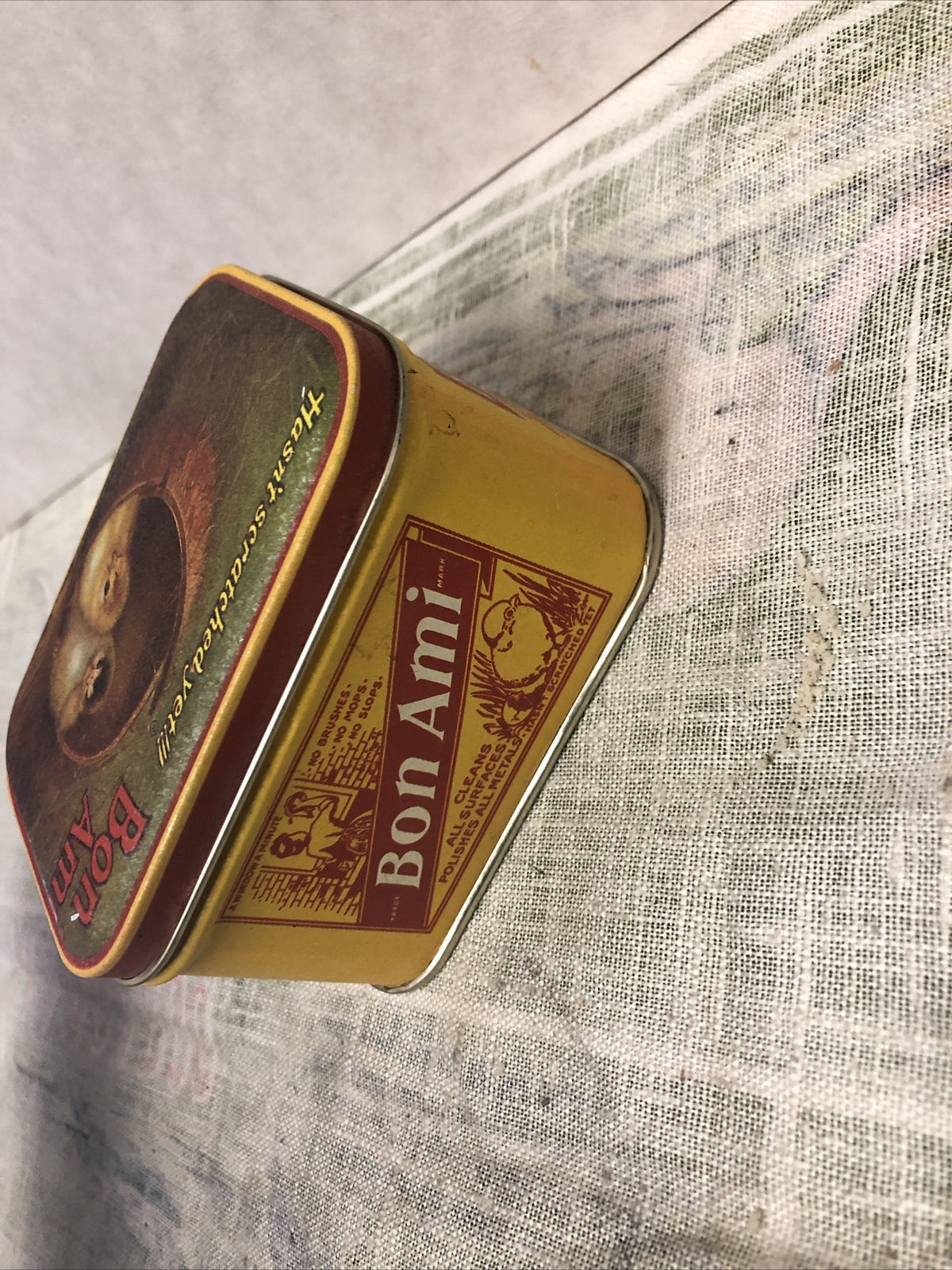 Vintage Bon Ami Tin Soap Can Yellow Chicks On Lid Advertising Bristol Ware3