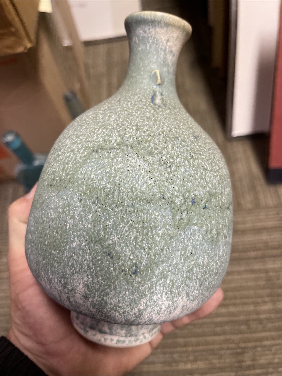 MCM Japanese or Chinese Oval art Pottery ceramic 7.5” tall green mint9