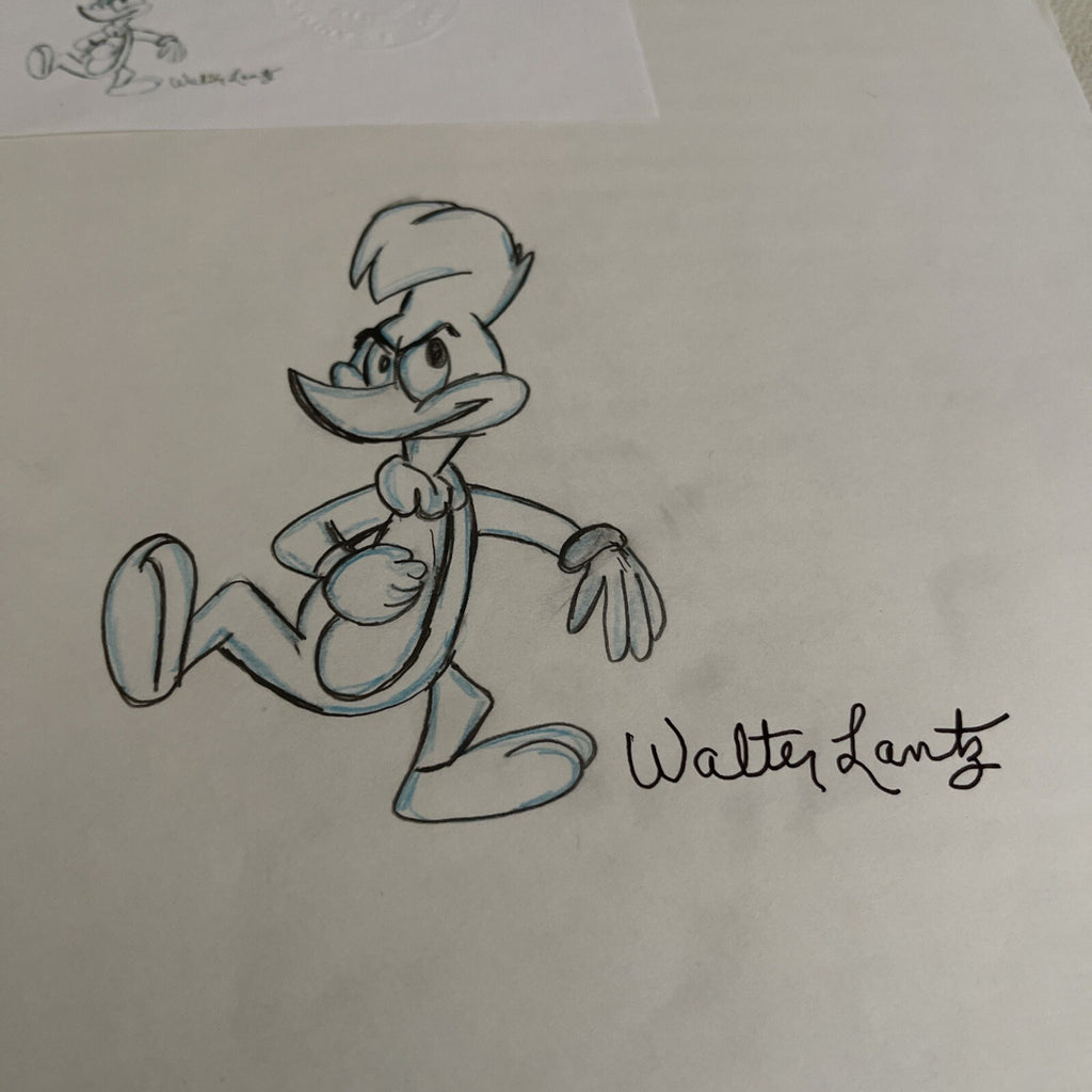 Walter Lantz HAND SIGNED Woody Woodpecker DRAWING ONE OF A KIND RARE W/COA 1970s0