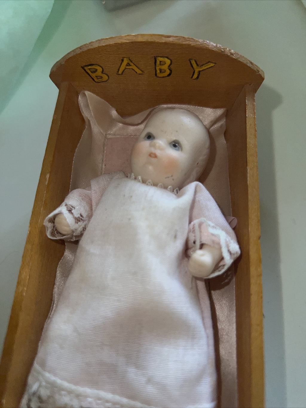 4” Vintage Bisque Baby in Maple Baby Rocker1