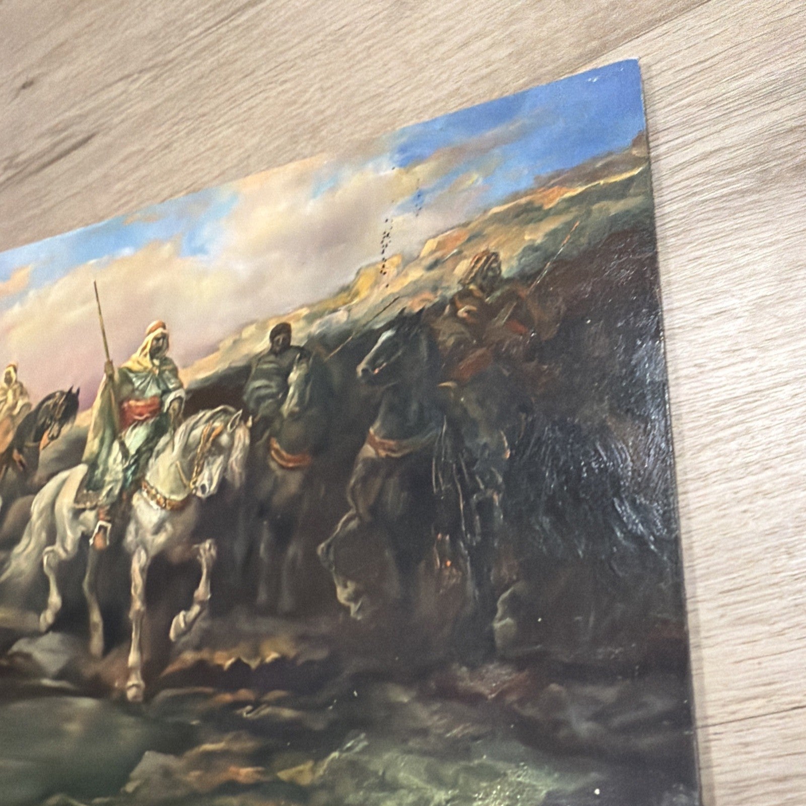 OLD ANTIQUE Ottoman ARAB LANDSCAPE OIL PAINTING Horse MAN MUSLIM Warrior Caravan13