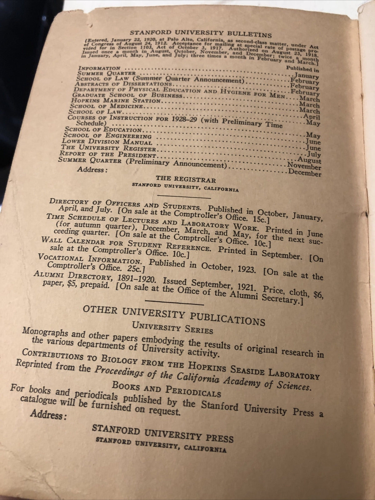 Stanford University Directory of Officers and Students Spring Quarter 1927-28 525