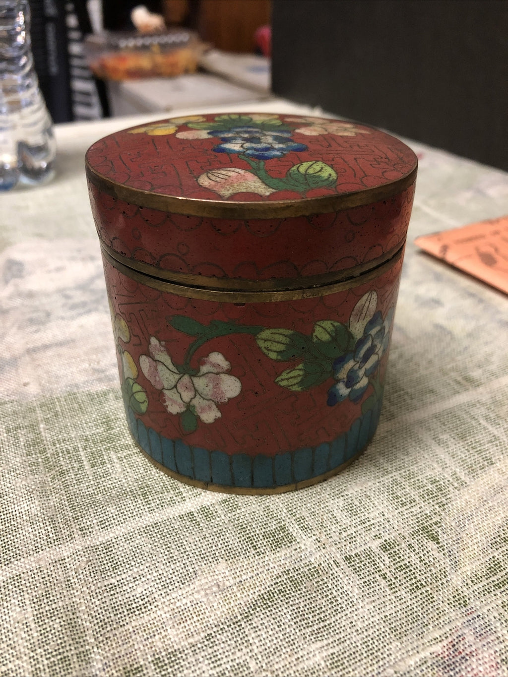 Antique Chinese Cloisonne Metal Tea Caddy 3”x3”0