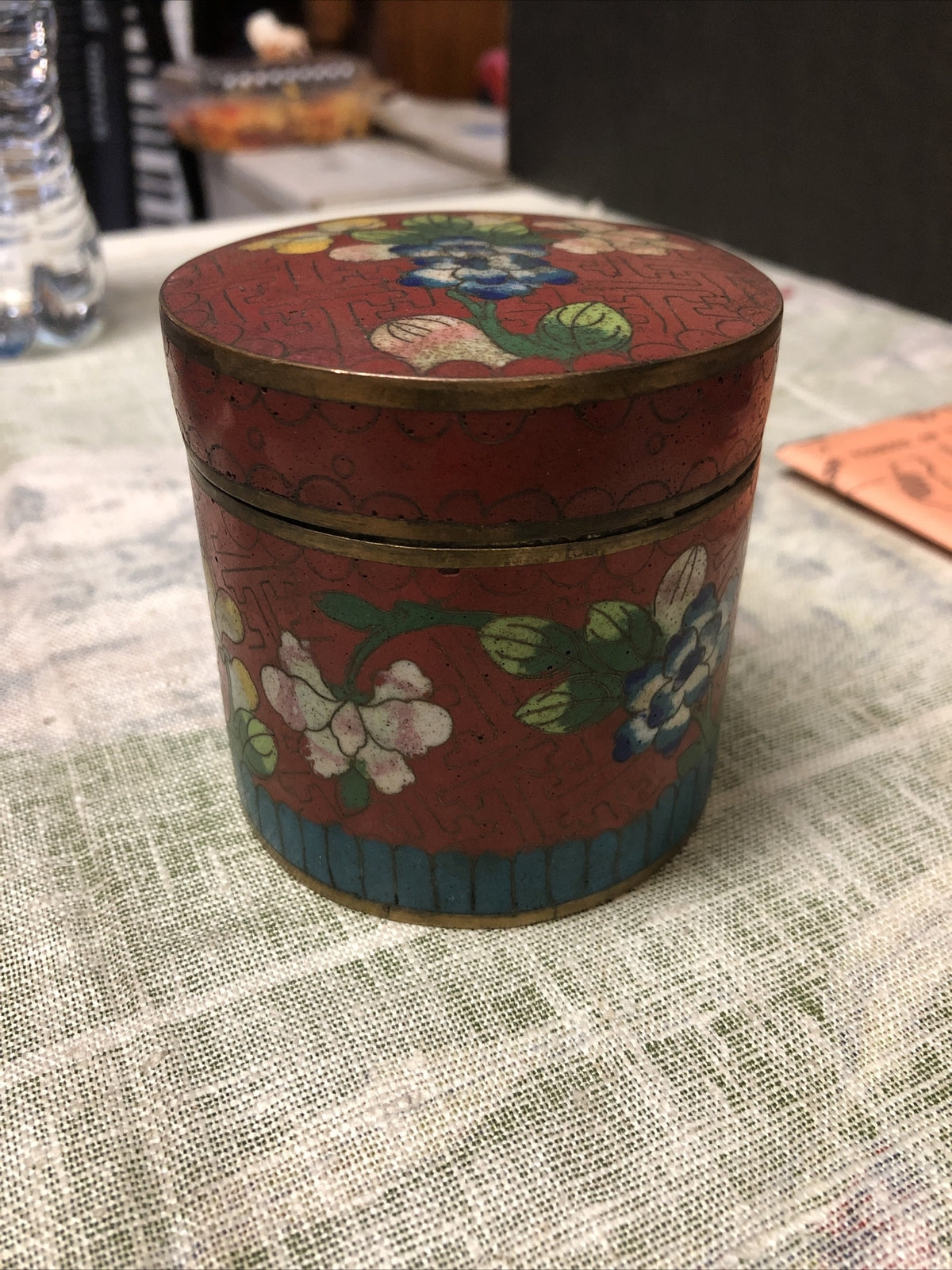 Antique Chinese Cloisonne Metal Tea Caddy 3”x3”0