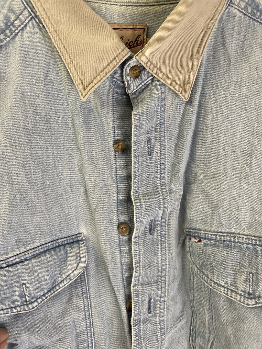 Woolrich Denim Elbow Patch Sz XL Long Sleeve Button Up Shirt Barn Chore Jacket2