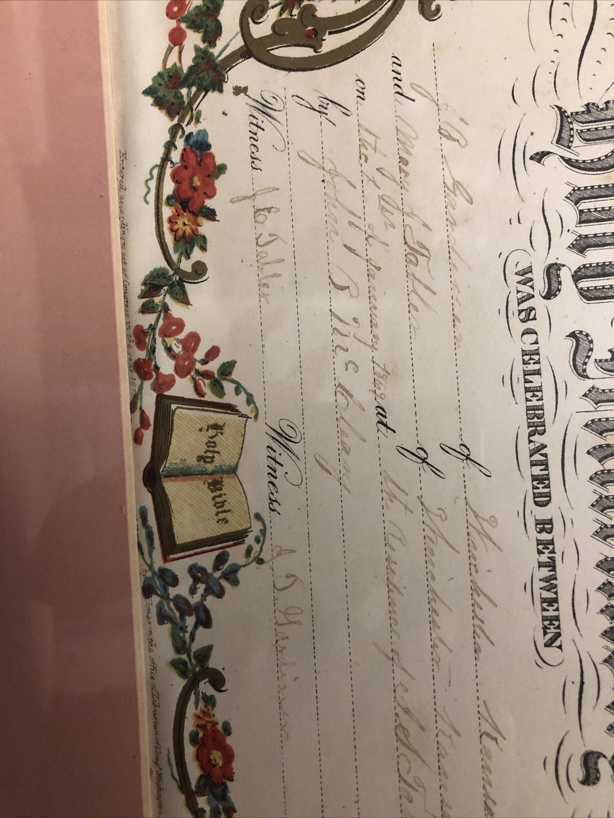 Antique 1869 Victorian Framed Marriage Certificate Holy Matrimony 15.5”x13.5”4