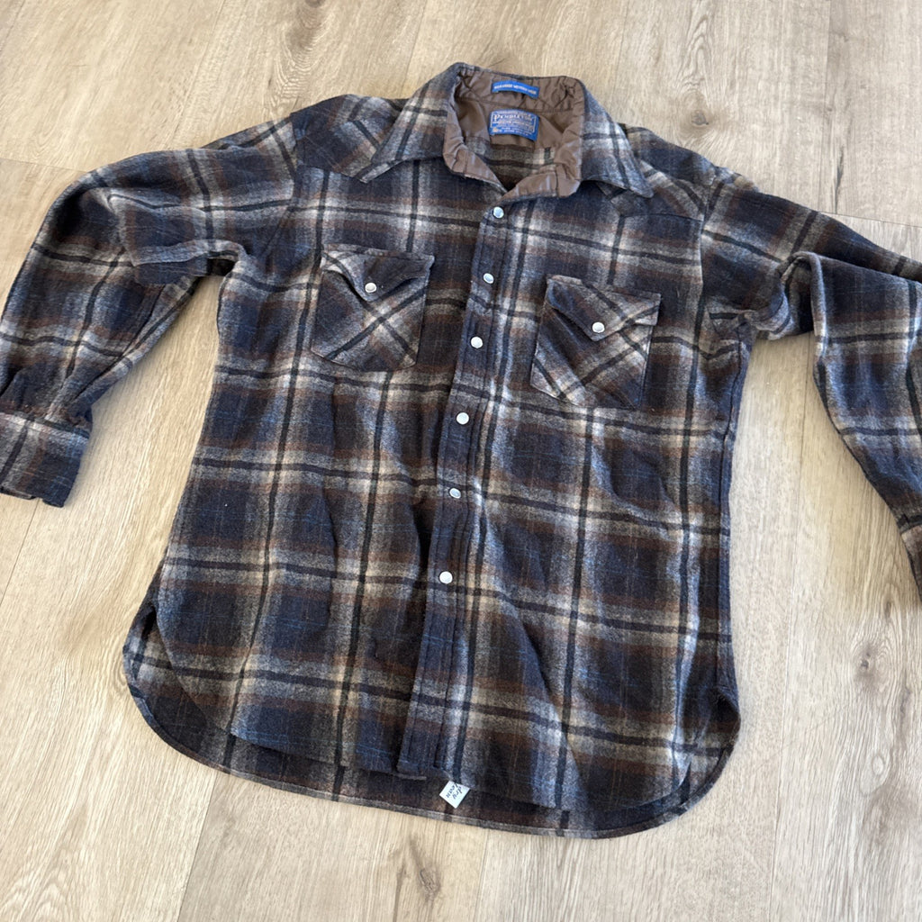 Vtg Pendleton High Grade Western Wear Wool Plaid Pearl Snap Shirt Mens Large USA1