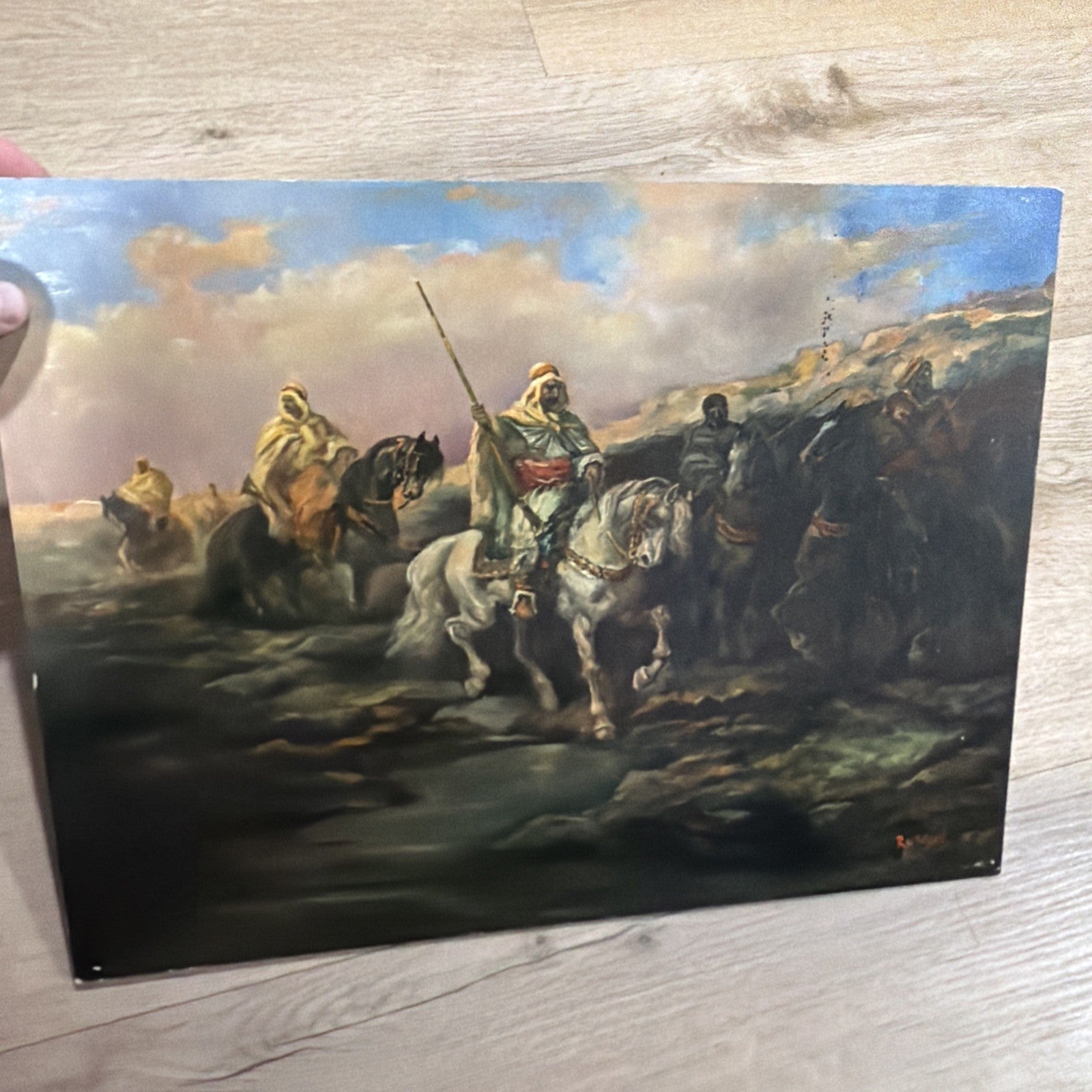 OLD ANTIQUE Ottoman ARAB LANDSCAPE OIL PAINTING Horse MAN MUSLIM Warrior Caravan0