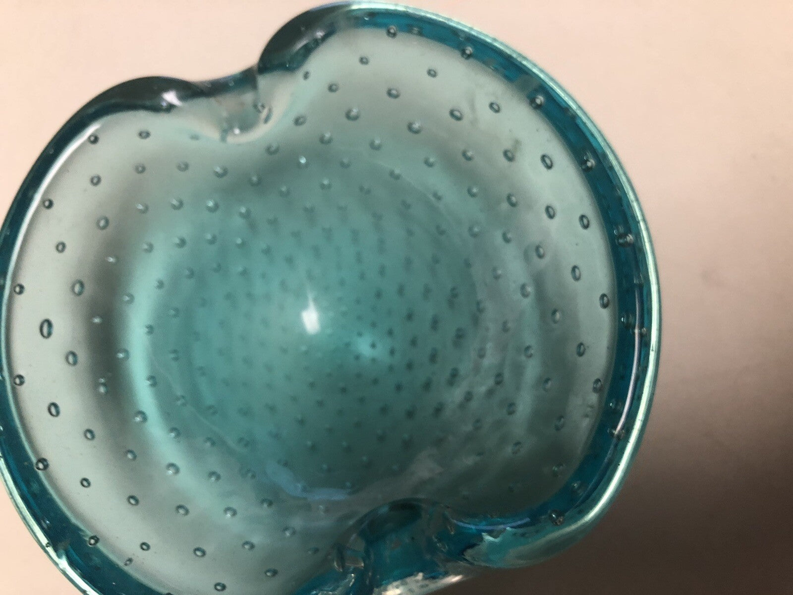 Vintage Art Glass Bubbles Glass Bowl Blue Green 4.5”x4”2