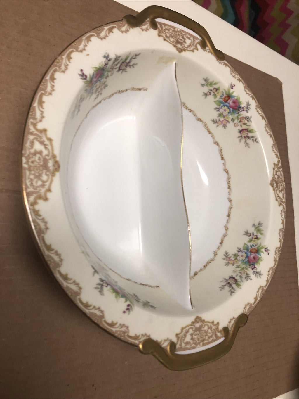Vintage Meitro China Round Divided Vegetable Bowl Japan Flower Design 10.5”1
