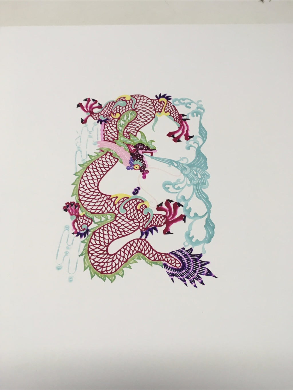 Antique Asian Chinese paper cut detailed Hand Colored Dragon/Long Blue Fire4