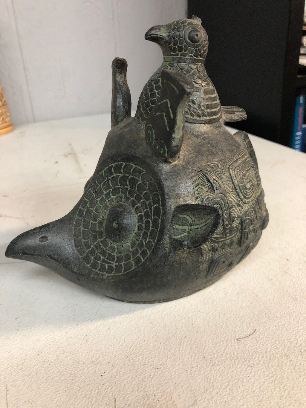 Vintage Asian Or Egyptian Or South American Metal Owl Hawk W Bird Head.0