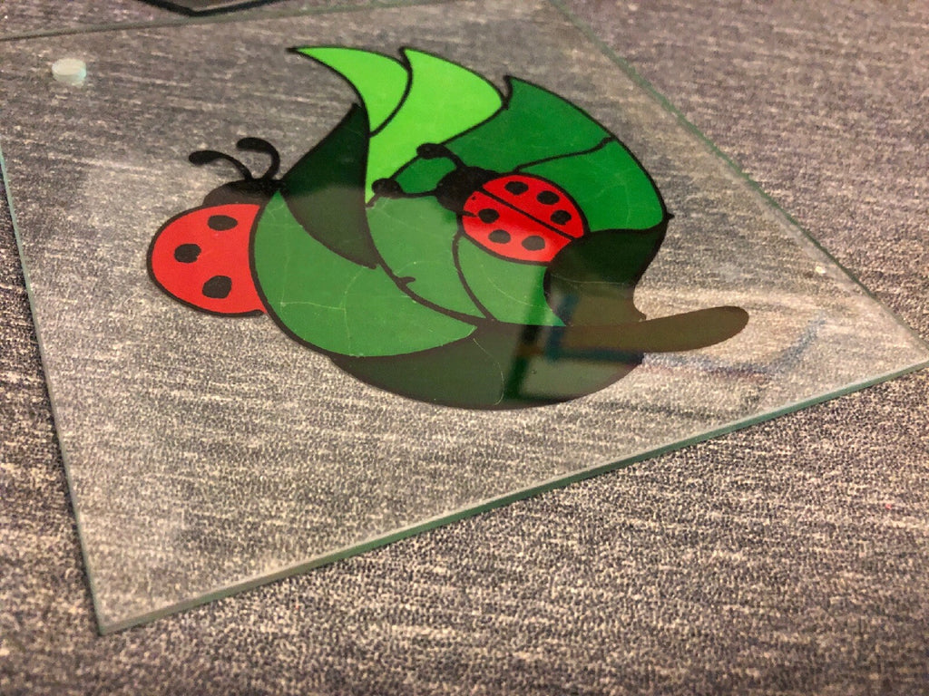 Contemporary Fused Art Glass  Hanging Plaque  Ladybugs 6” x 6”2