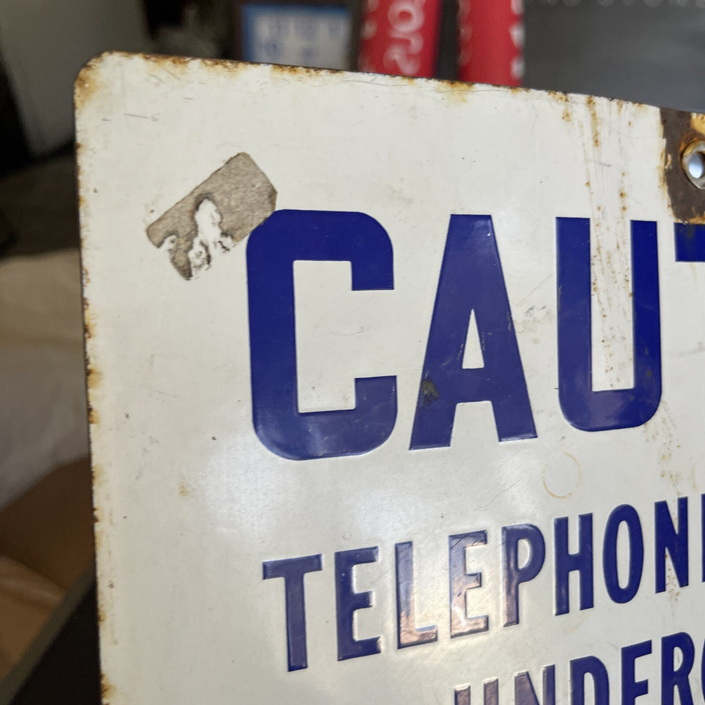 Cobalt Blue Porcelain Sign Caution Cable Underground General Telephone 12”4