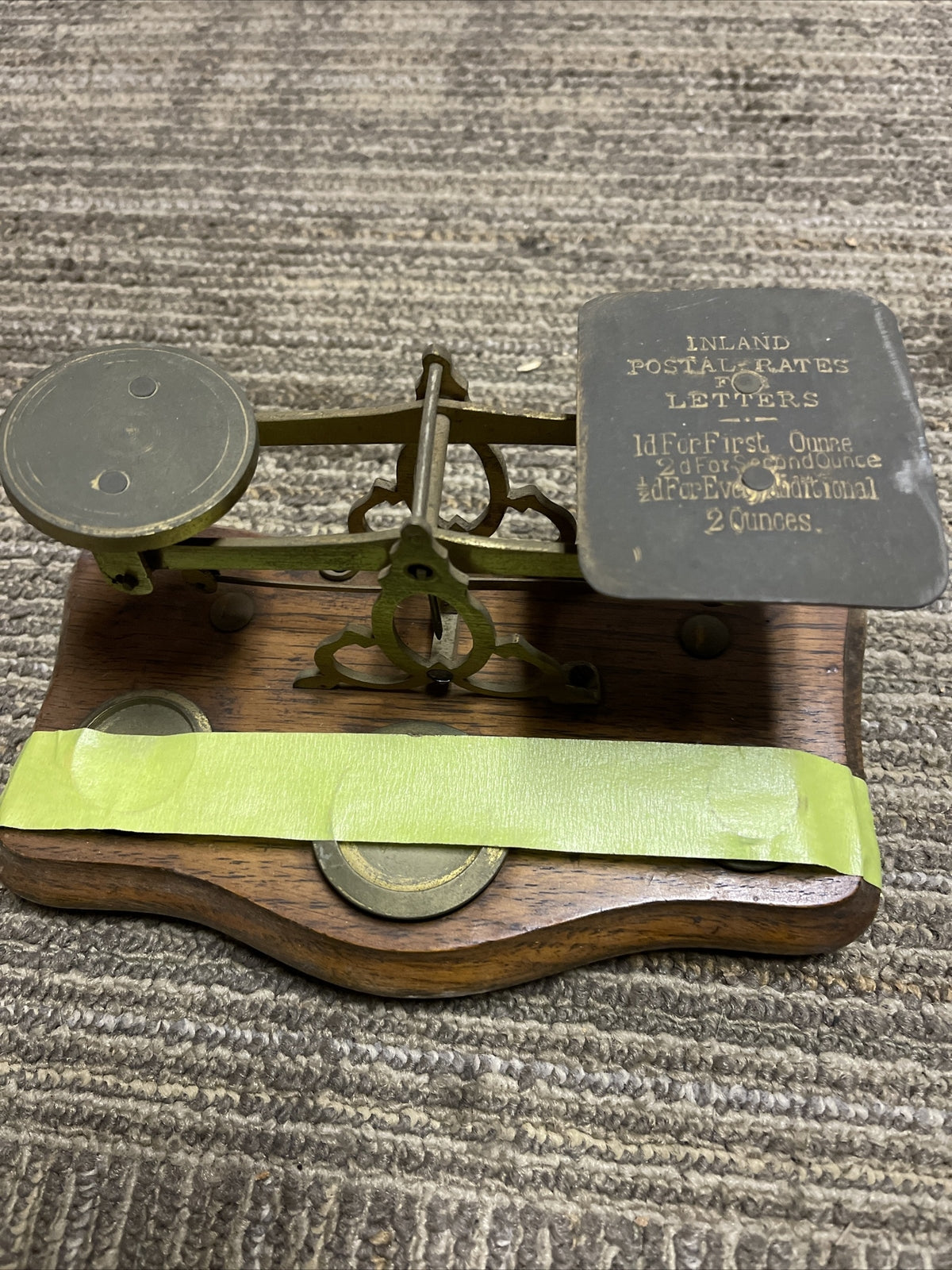 Antique 1800s Postal Scale w 3 weights and postal rates0