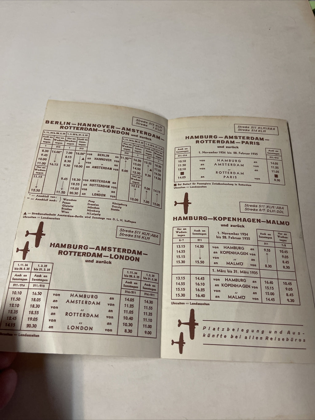KLM Deutsche Lufthansa 1934 Nov. AIRLINE TIMETABLE SCHEDULE Brochure flight Map1