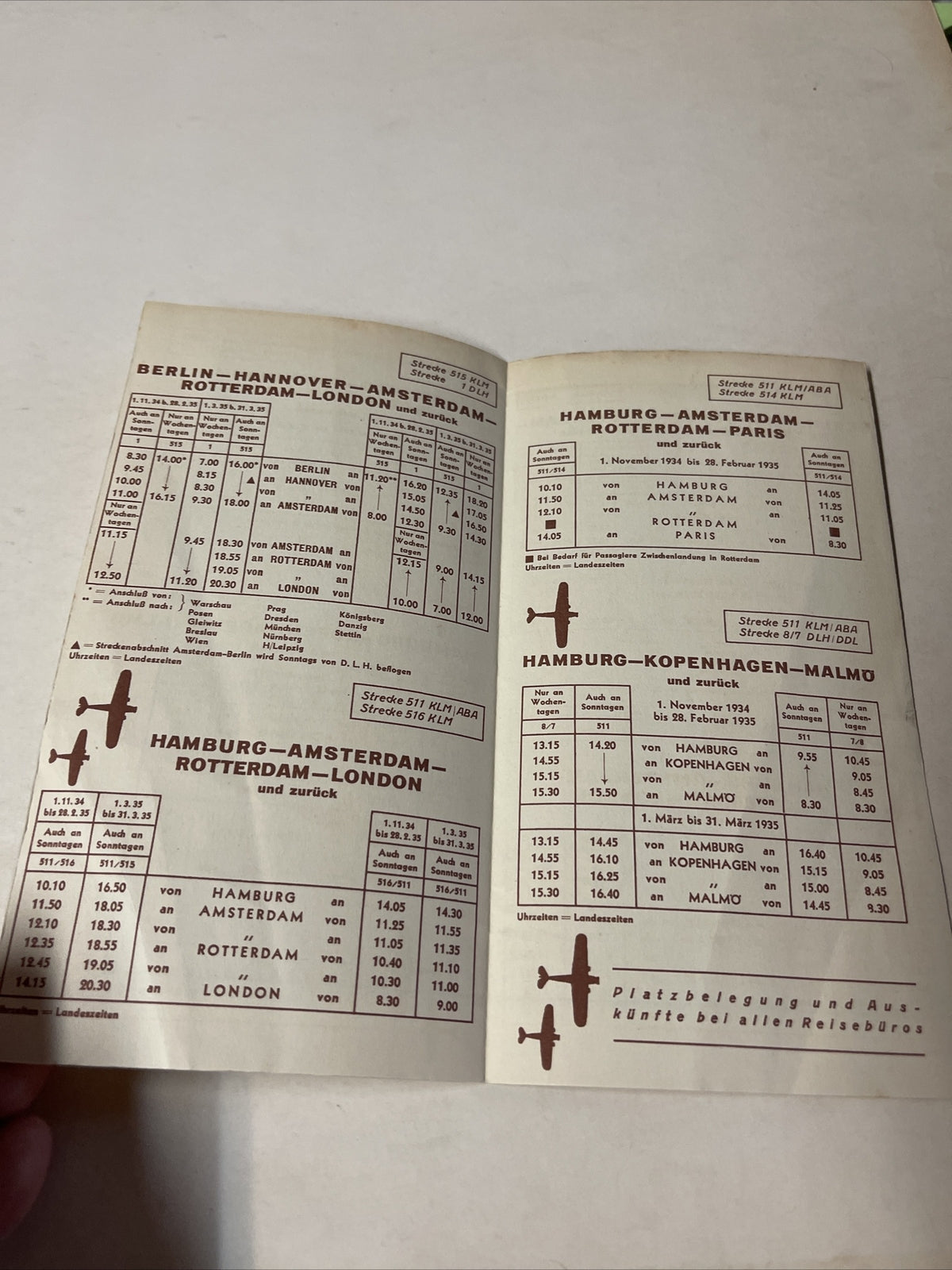 KLM Deutsche Lufthansa 1934 Nov. AIRLINE TIMETABLE SCHEDULE Brochure flight Map1