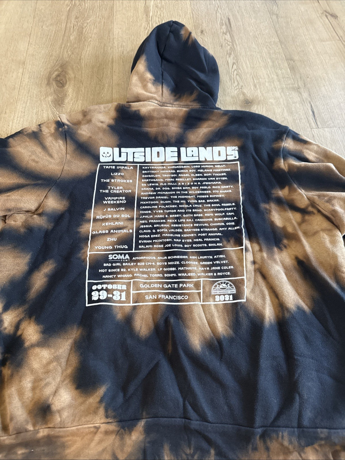 Outside Lands SF CA Festival Hoodie Bleach Dye Acid Wash Reworked Black Tan7