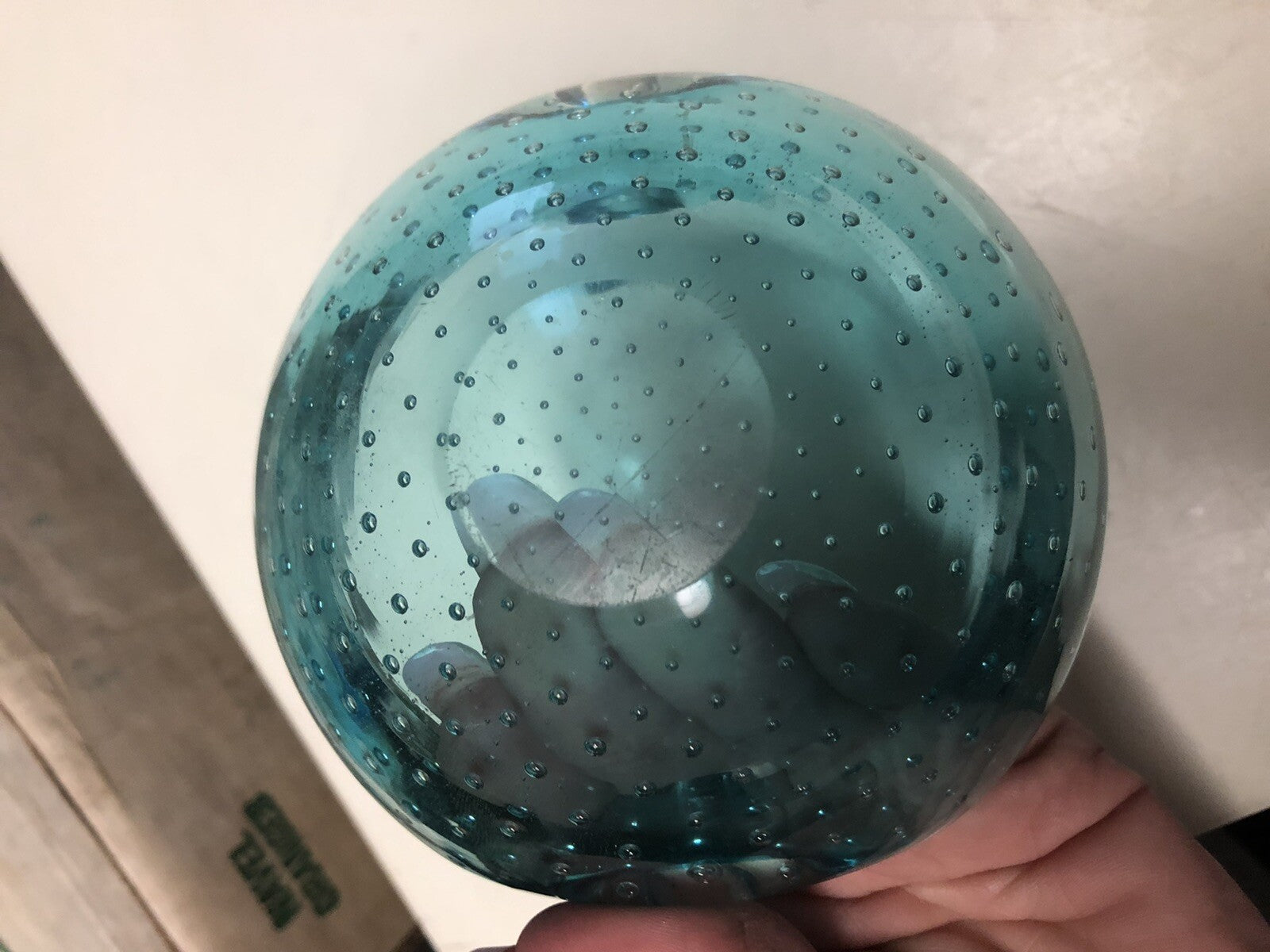Vintage Art Glass Bubbles Glass Bowl Blue Green 4.5”x4”4