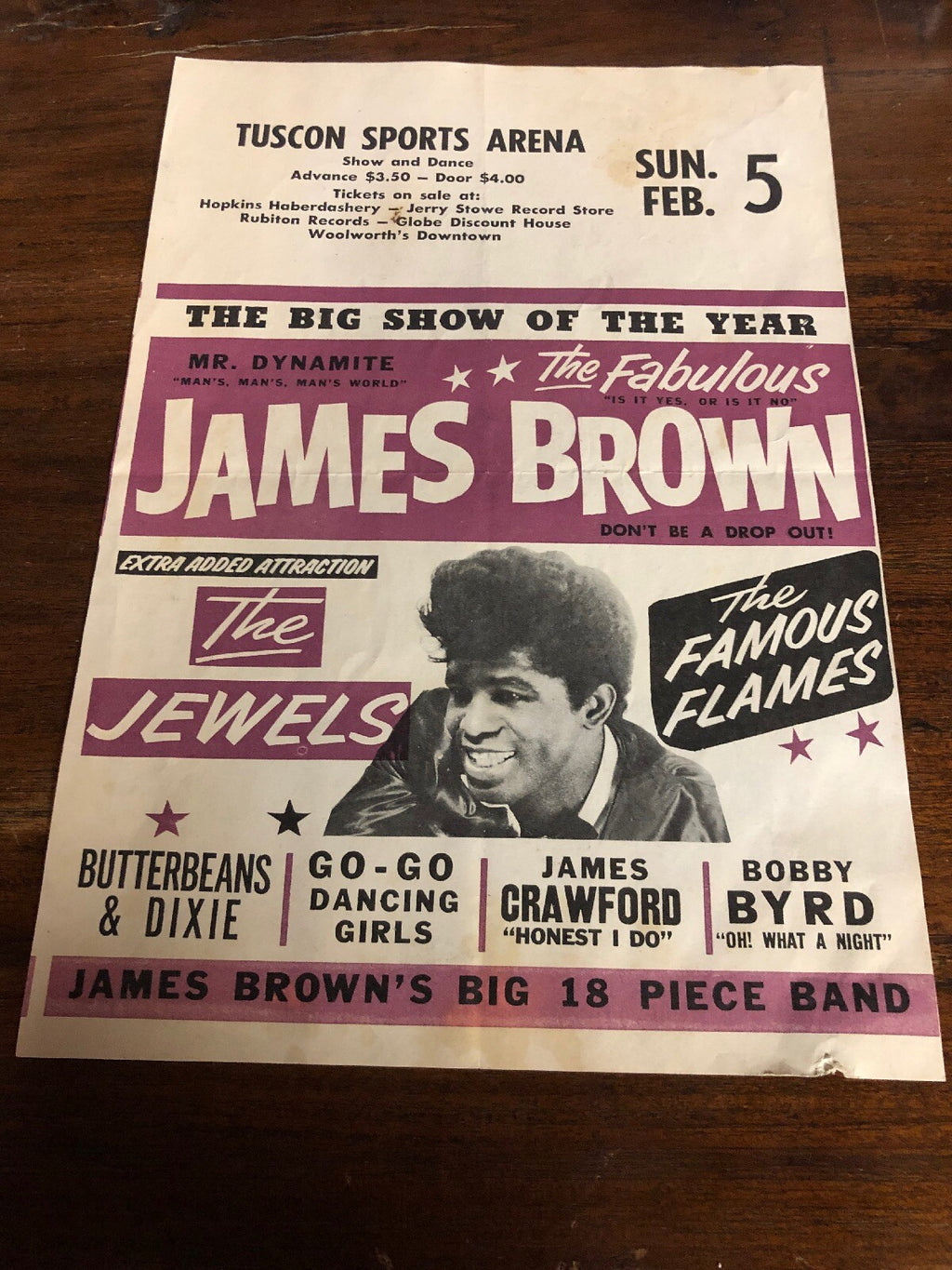 100% Original James Brown Flyer Poster Tucson Sports Arena RARE VINTAGE 19650