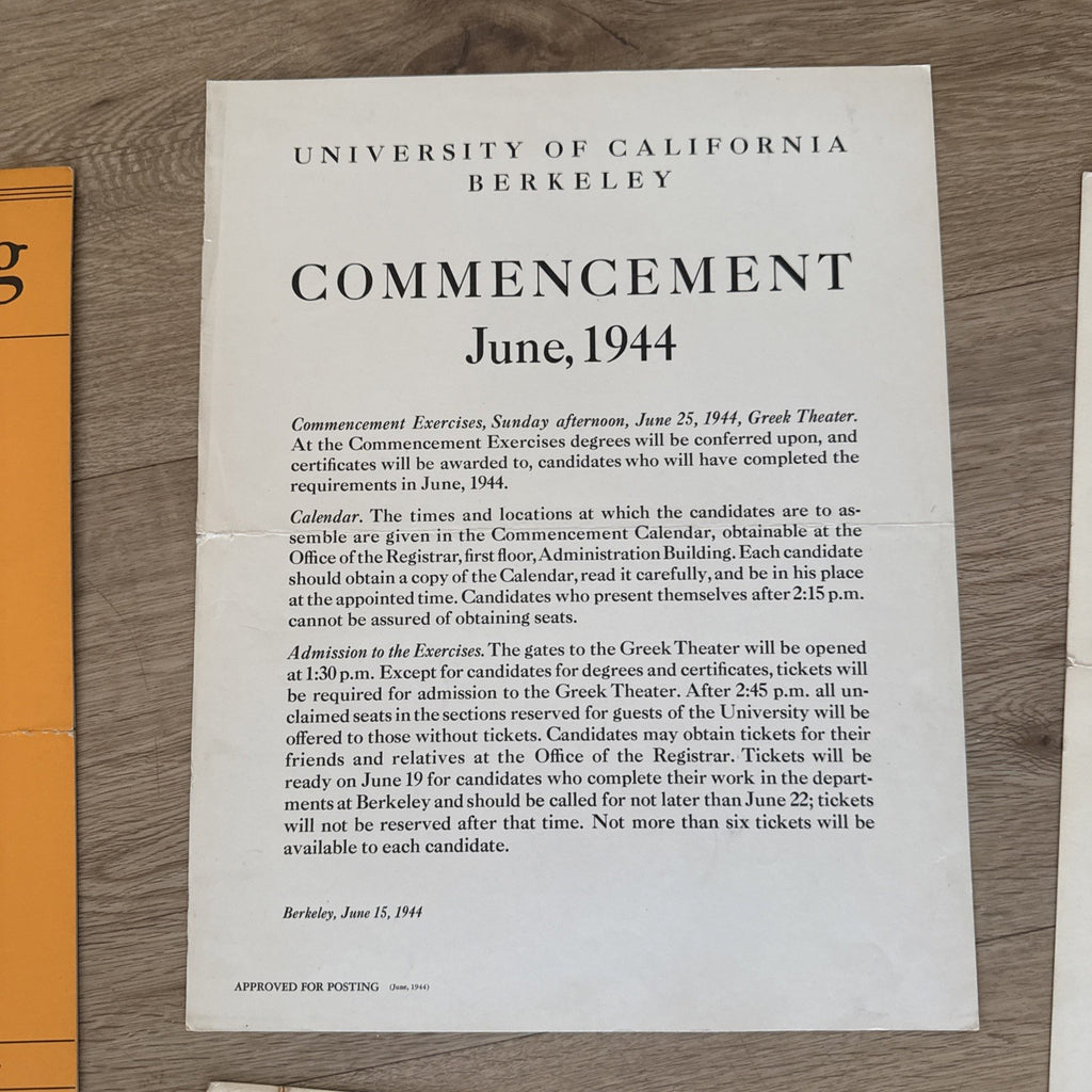 Vtg 1940s UC Berkeley Commencement Memorabilia Poster University of California2
