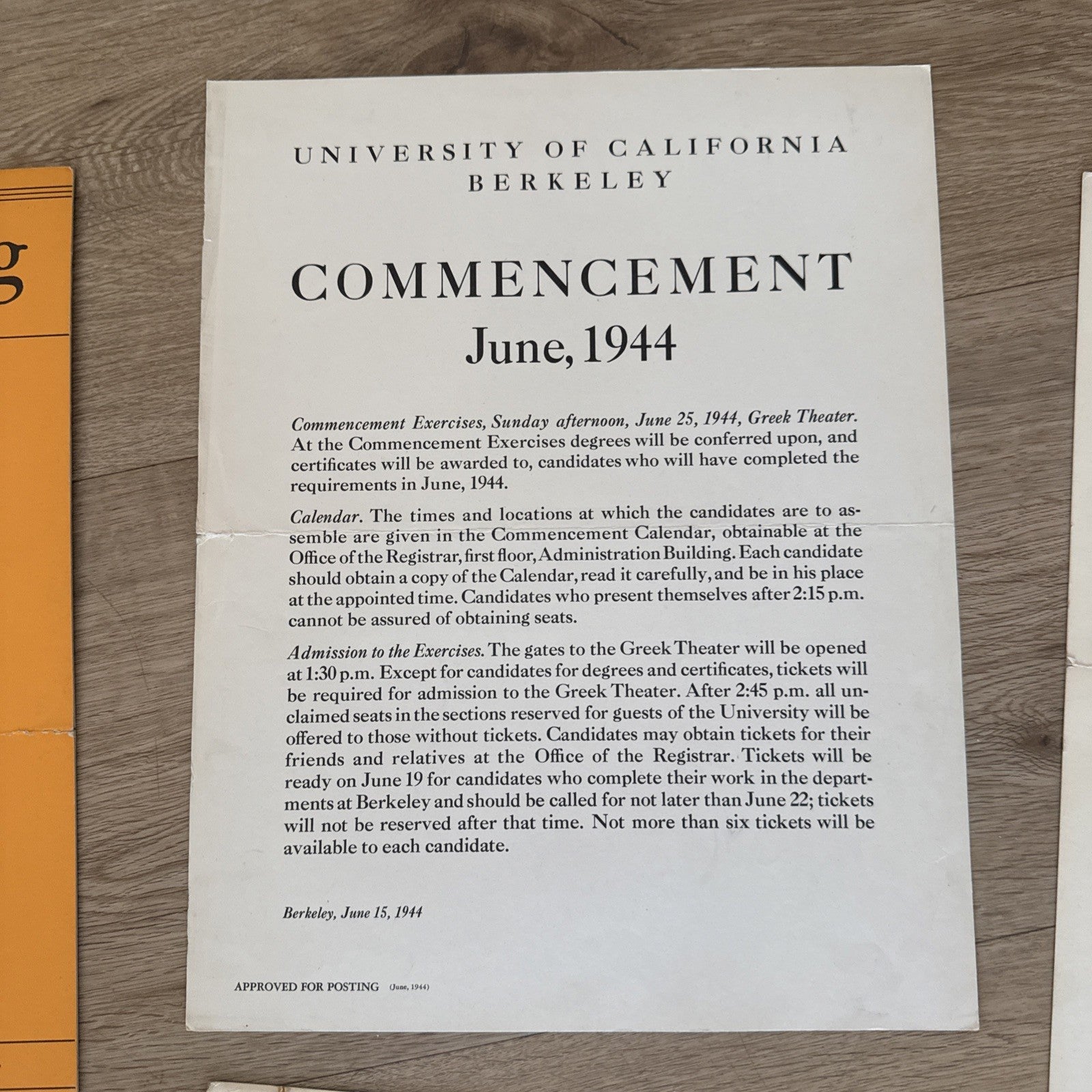 Vtg 1940s UC Berkeley Commencement Memorabilia Poster University of California2