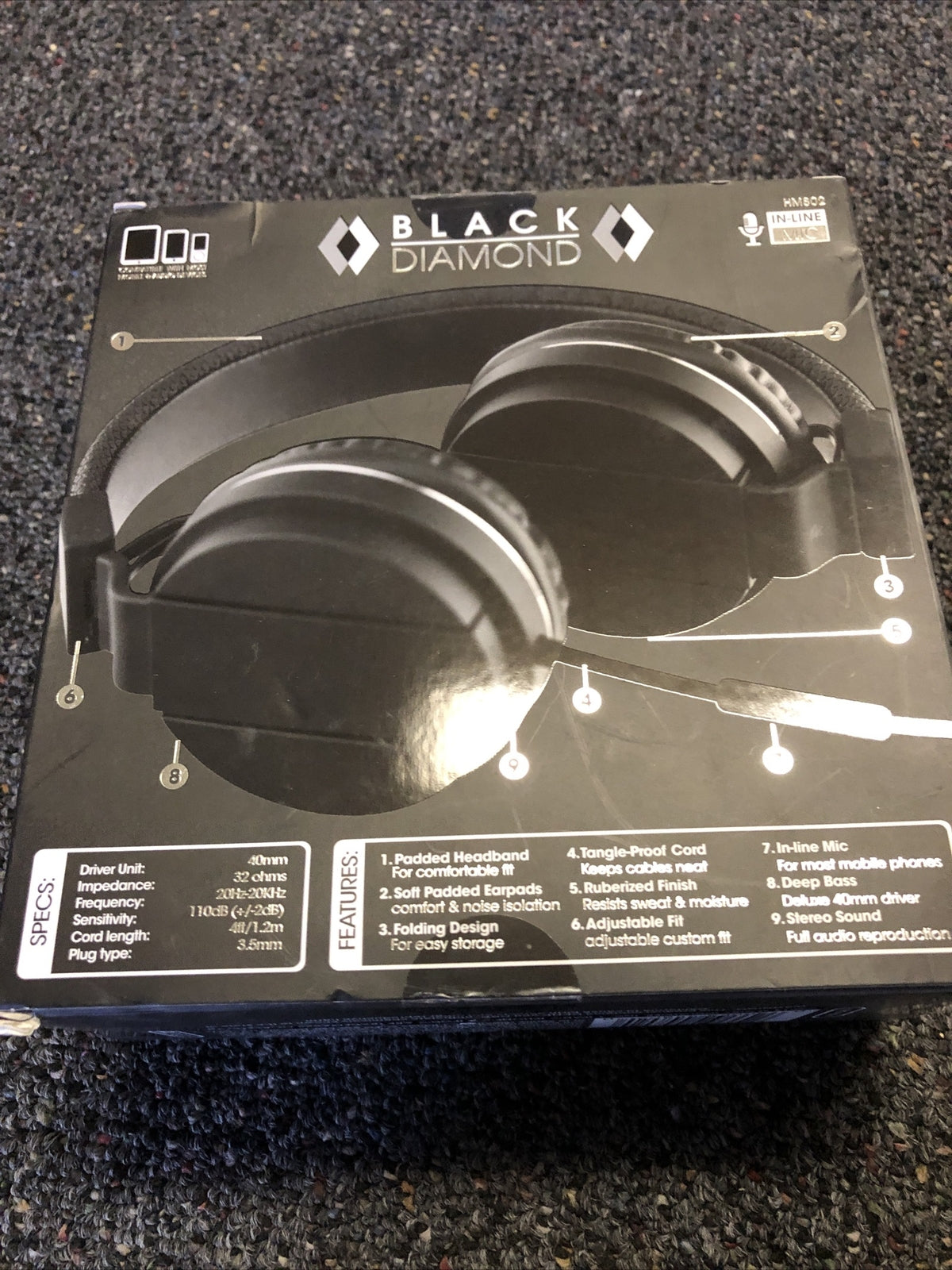 Black Diamond Corded Headphone In-line Mic Folding Stereo Sound Adjustable New3