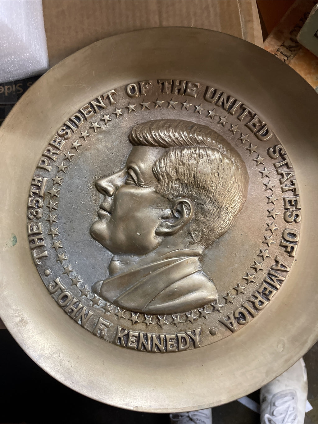 Vintage JOHN F KENNEDY Brass  Bust Sculpture Plate Plaque Embossed JFK 12.5”4