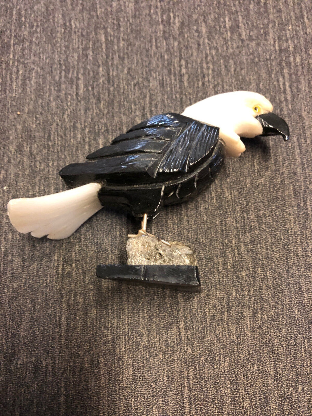 Black Onyx Snow Quartz Eagle Carved Bird Pyrite Crystal 3 1/2” Height, 4”W0