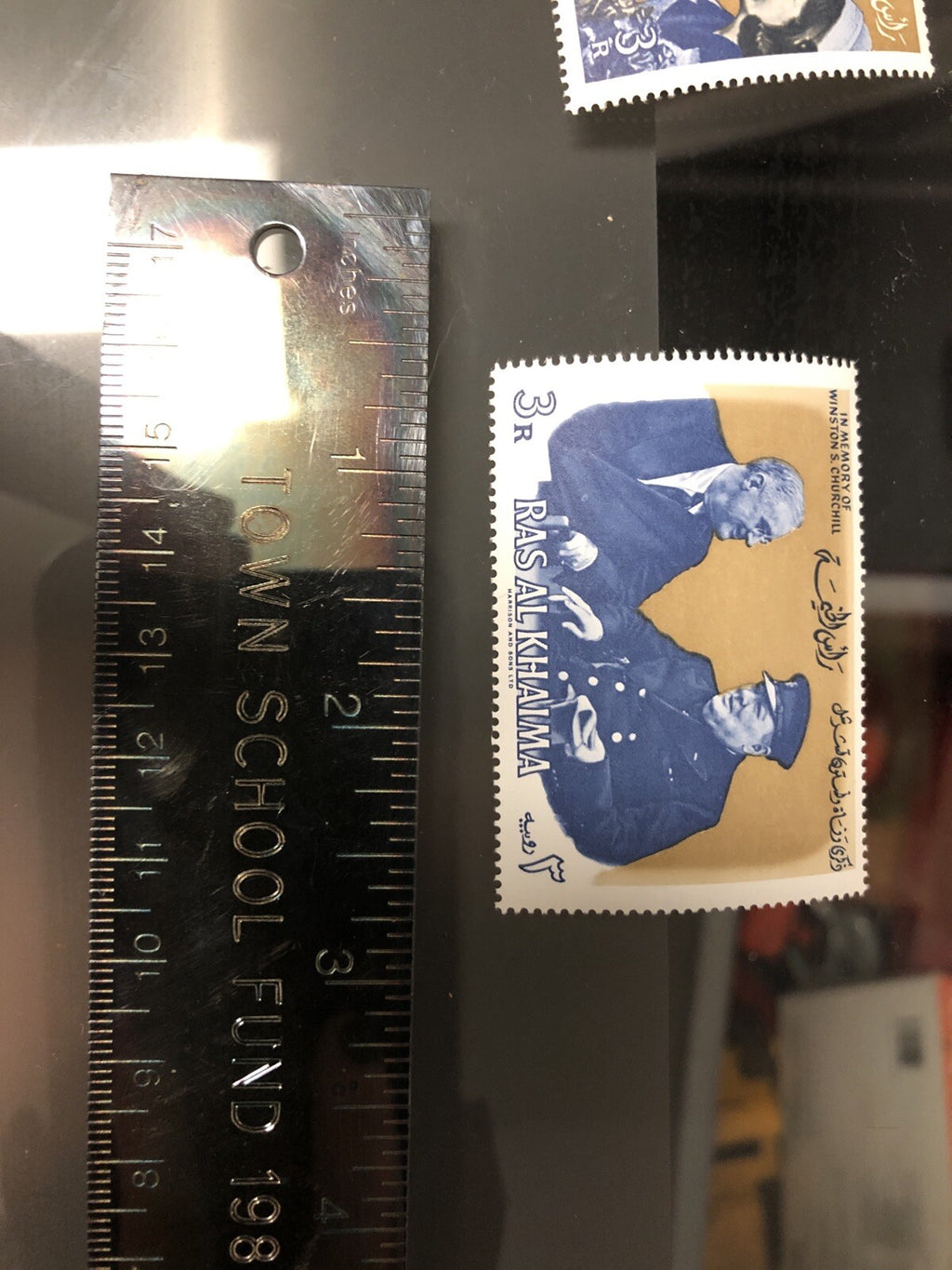 Lot 3: RAS AL KHAIMA 1966 RARE CURRENCY SURCHARGE “FILS” WINSTON CHURCHILL STAMP1