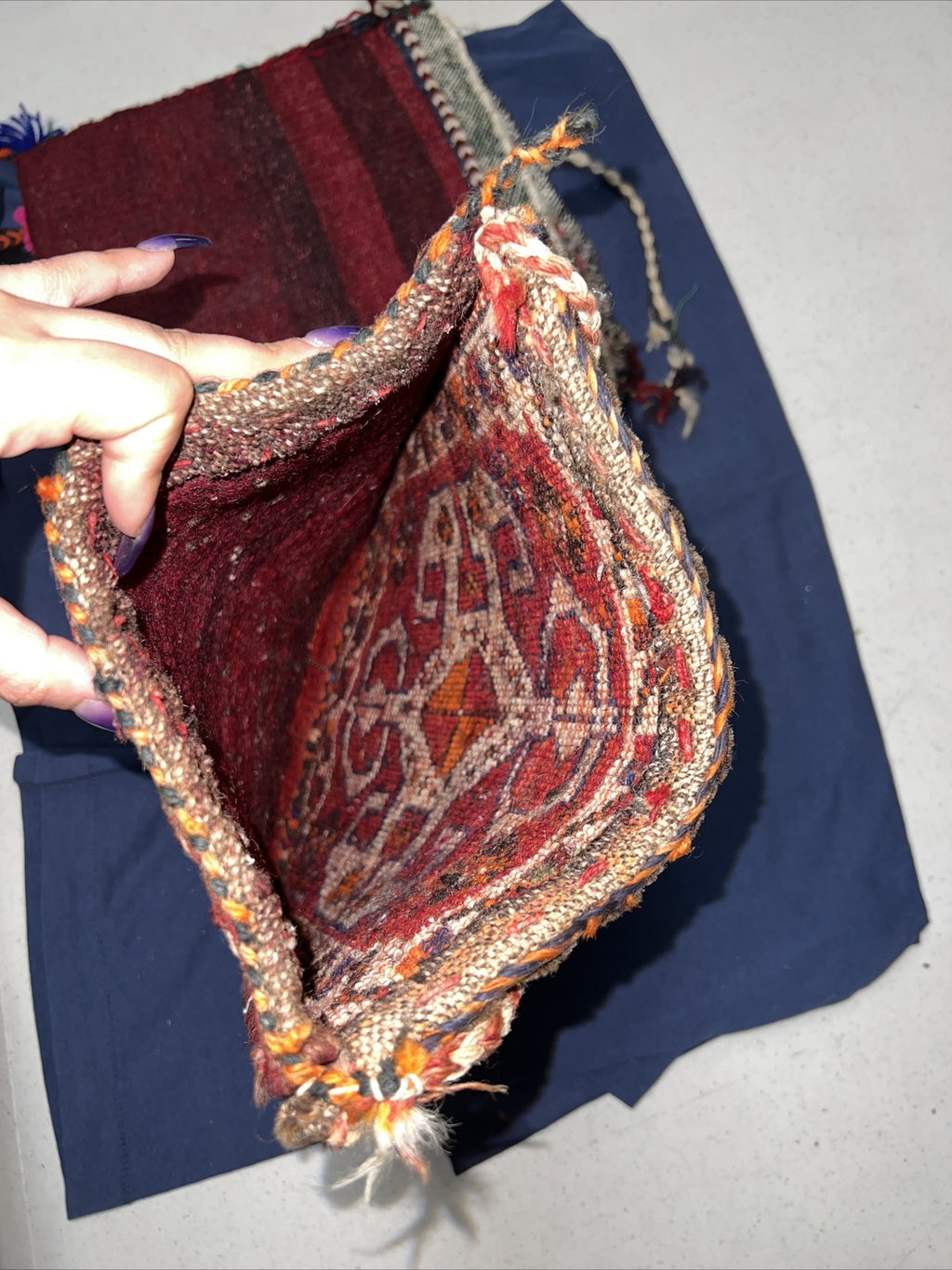 Vintage Hand Made Purse Boho Coachella Hispanic Rug bag Yarn See Description11