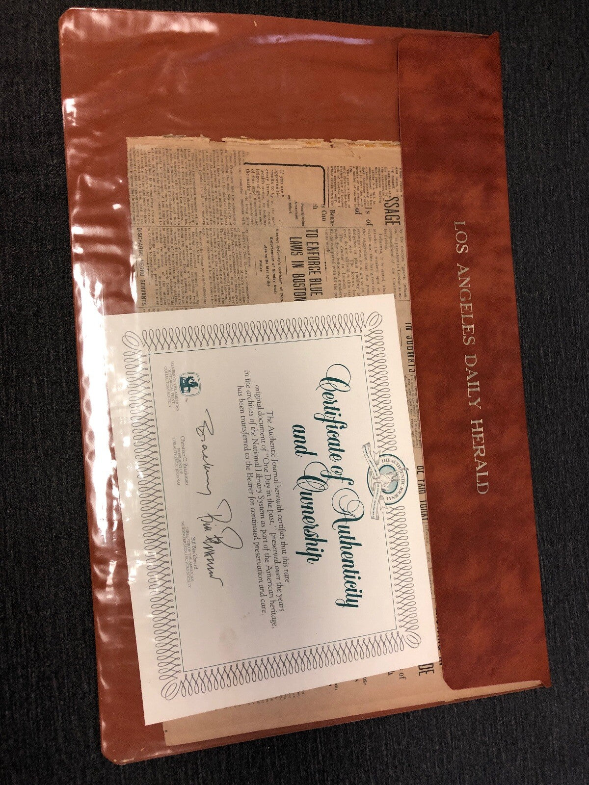 1907 VTG HERALD LOS ANGELES Newspaper And Certificate Authenticity Leather Cover0